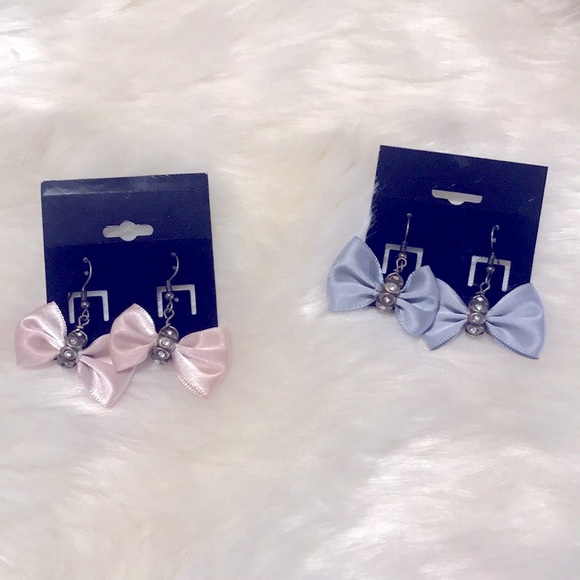 🎀Ohh.So.Pretty Studded “Pink+Blue” Silky Bow Studded Dangle Earrings Bronze🎀 - Picture 4 of 16